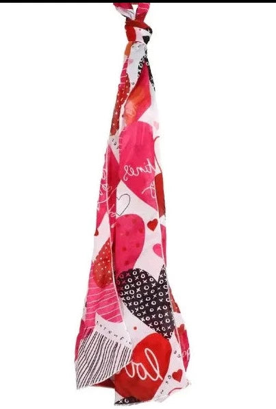 Give Yourself a Hug Scarf Jolie Vaughan Mature Women's Clothing Online Boutique Valentines Scarf-hearts-gifts-valentines gifts for her-mature women's clothing-bright-festive-hearts-red-scarf