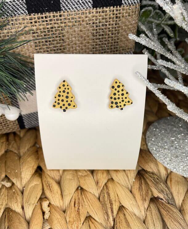 Christmas Tree Dotted Handmade Clay Earrings | Gold/Black