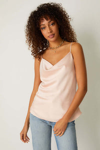Silky Solid Square-Neck Spaghetti Strap Blouse Jolie Vaughan | Online Clothing Boutique near Baton Rouge, LA blouse has a cowl neck and adjustable spaghetti straps to nicely enhance your figure and is available in an absolutely stunning brass or ballet pink.