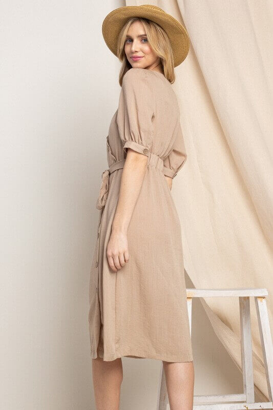 Asymmetrical Button Down Wrapped Midi Dress Jolie Vaughan Boutique