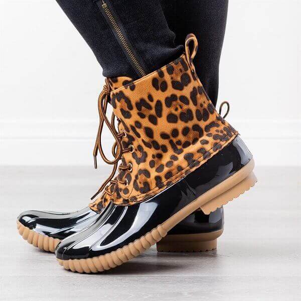 Leopard Waterproof Lace up Duck Boots Rain Boots Jolie Vaughan Boutique