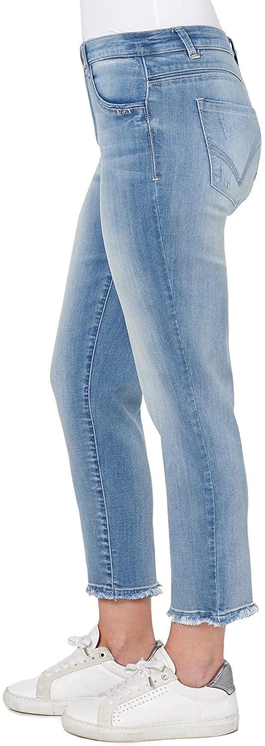 Light-blue wash High-waisted slim straight-leg jeans whiskering, hand sanding, and distressing throughout Zip-front button closure Five-pocket style The strategically placed coin pocket provides a figure-flattering look.