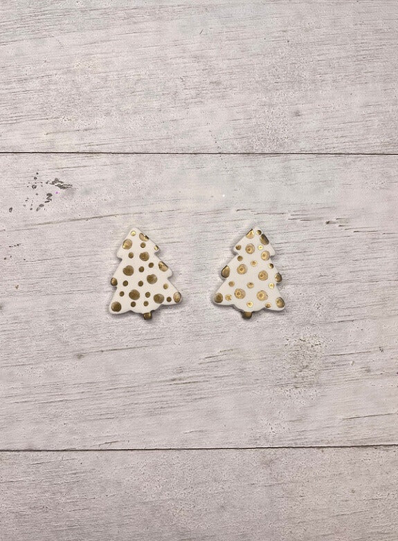 Christmas Tree Dotted Handmade Clay Earrings | Cream/Gold