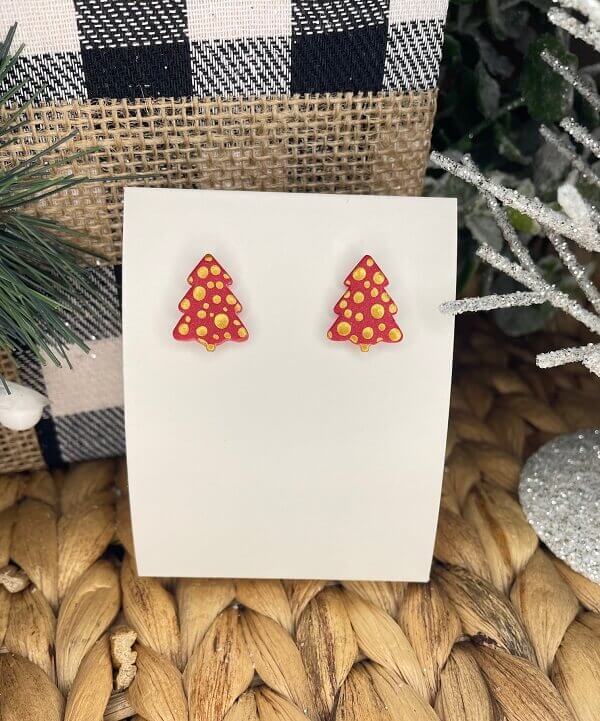 Christmas Tree Dotted Handmade Clay Earrings | Red/Gold