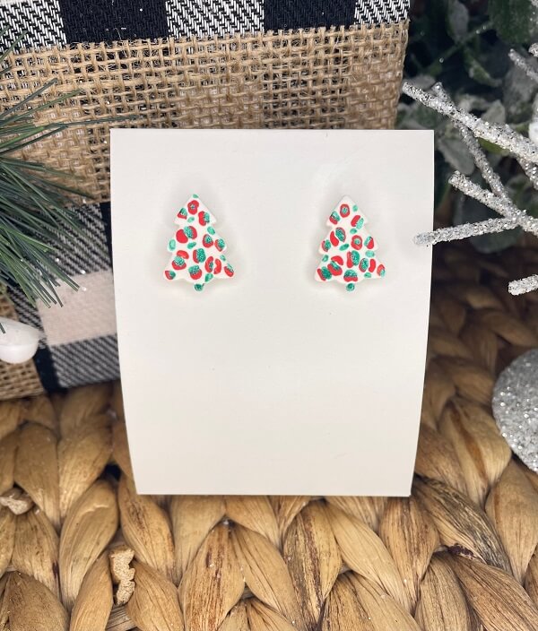 Leopard Christmas Tree Handmade Clay Earrings-Red/Green