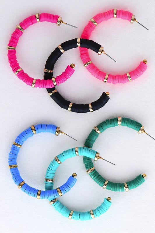 Multicolored Flat Heishi Disc Bead Earrings. Polymer Clay Disk Earrings. Hoop Earrings-Jolie J- Mature Womens Accessories