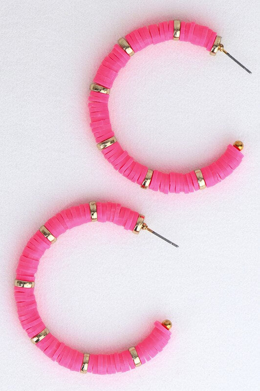 Bright Pink, Flat Heishe Disc Bead Earrings, Polymer Clay Disk Earrings, Hoop Earrings, Lightweight, 2" hoop, stud close