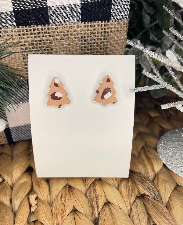 Taupe Leopard Christmas Tree Handmade Clay Earrings