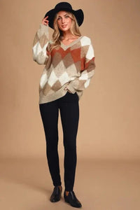 Women's Lightweight Sweaters, Argyle sweaters women's, Women's Fall Sweaters 2021, Women's Sweaters 2021, vineyard vines, women's cardigan sweaters with buttons, women's short sleeve sweaters, women's spring sweaters Anna Argyle Oversized V-Neck Sweater Jolie Vaughan Mature Women's Clothing Online Boutique